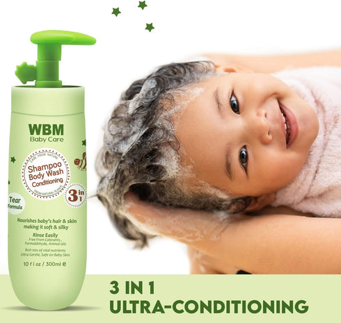 WBM Baby Care 3-in-1 Baby Shampoo, 100% Plant Based Conditioner, 10 fl oz
